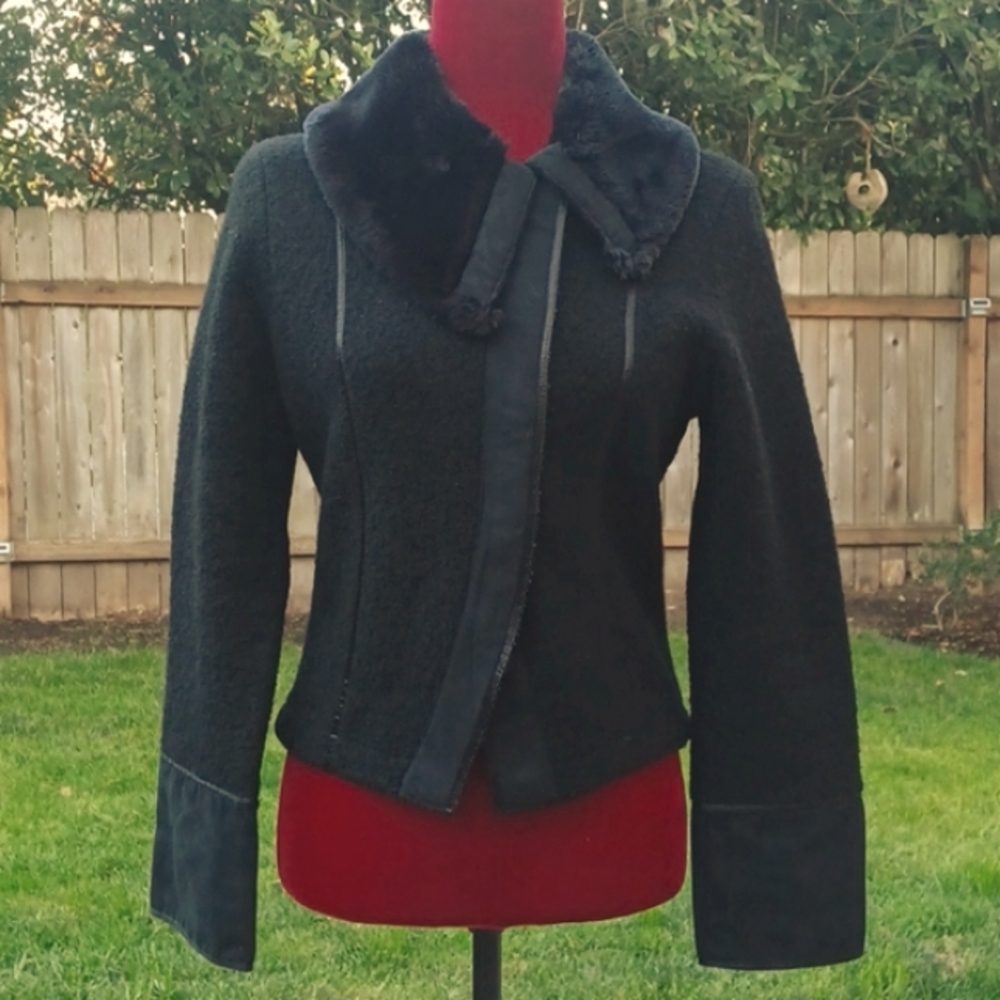 Kenji Black Asymmetrical Wool Fur Collar Jacket - Size M